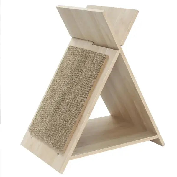Multi-Functional Cat Scratcher with cats playing and resting on a stylish wooden design.