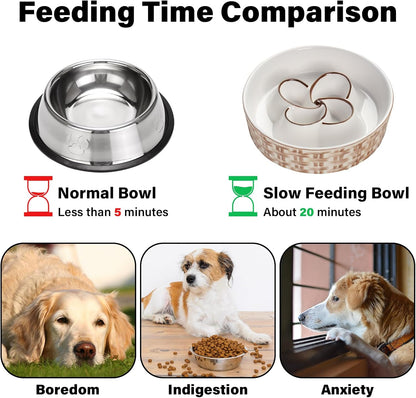 Ceramic Slow Feeder Dog Bowl - Anti-Choking Non Slip Bowl for Medium Large Dogs