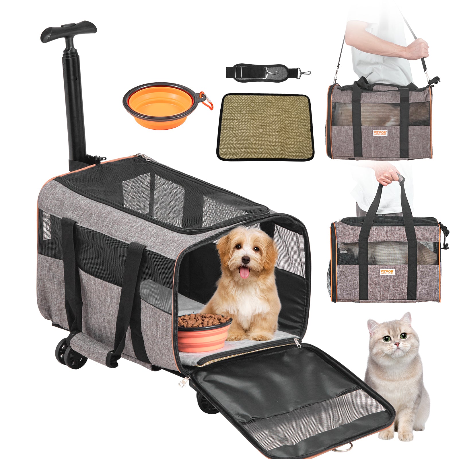 Rolling Cat Carrier With Wheels - Airline Approved Telescopic Handle Grey