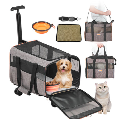 Rolling Cat Carrier With Wheels - Airline Approved Telescopic Handle Grey