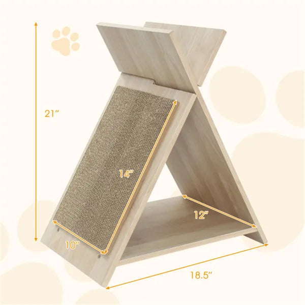 Multi-Functional Cat Scratcher with cats playing and resting on a stylish wooden design.