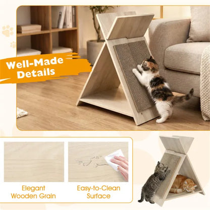 Multi-Functional Cat Scratcher with cats playing and resting on a stylish wooden design.