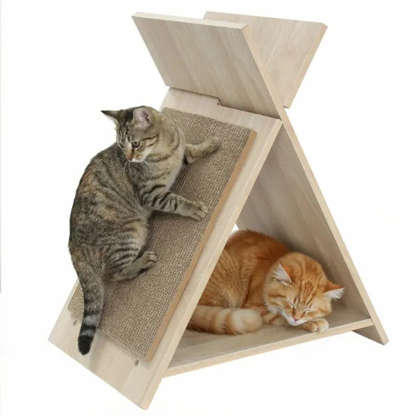 Multi-Functional Cat Scratcher with cats playing and resting on a stylish wooden design.