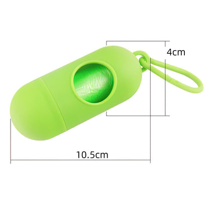 Dog Poop Bag Dispenser With Hook in green with dimensions for convenient pet waste management.