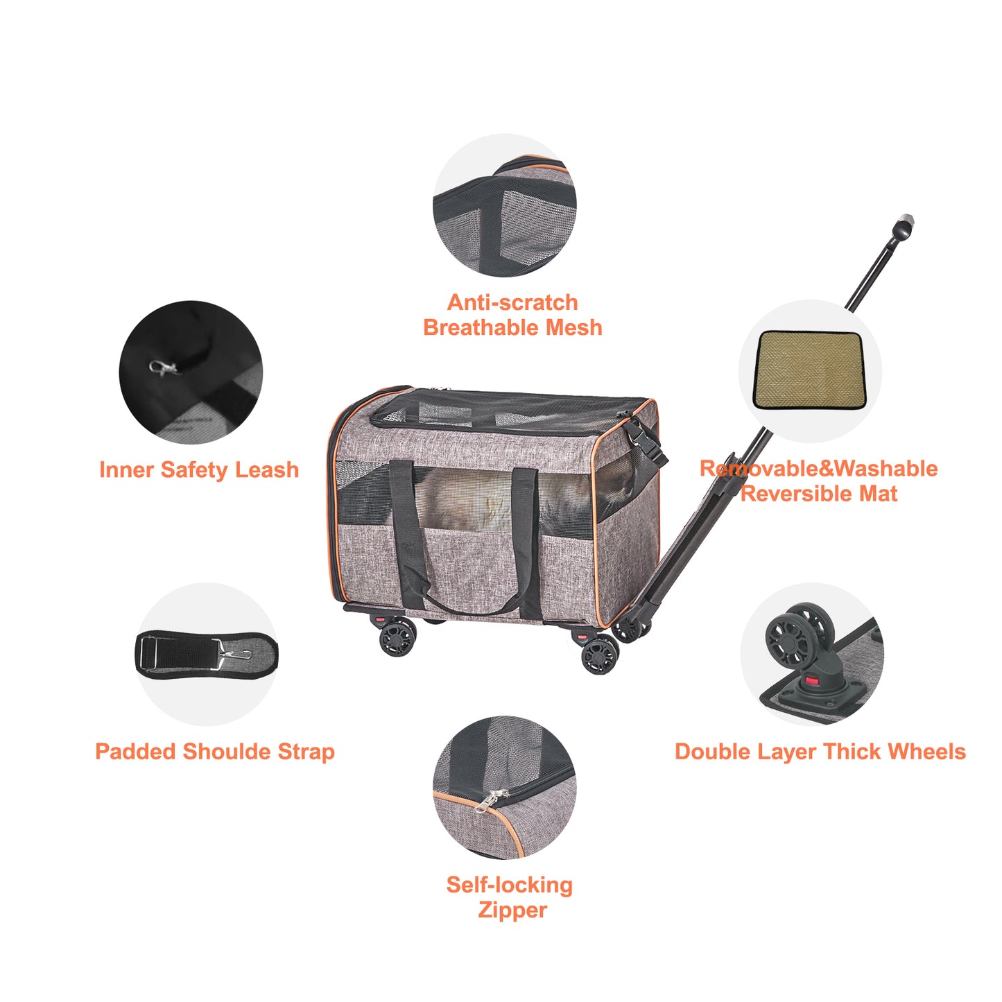 Rolling Cat Carrier With Wheels - Airline Approved Telescopic Handle Grey