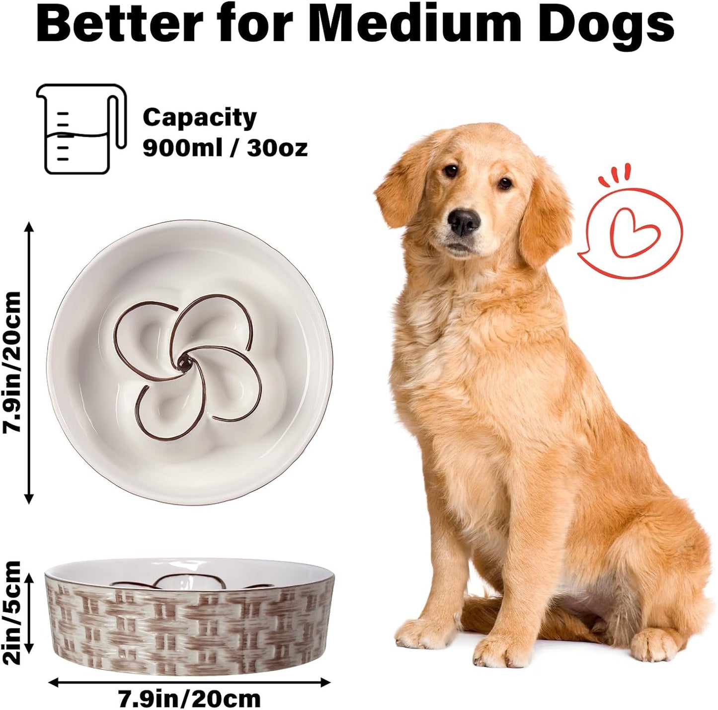 Ceramic Slow Feeder Dog Bowl - Anti-Choking Non Slip Bowl for Medium Large Dogs