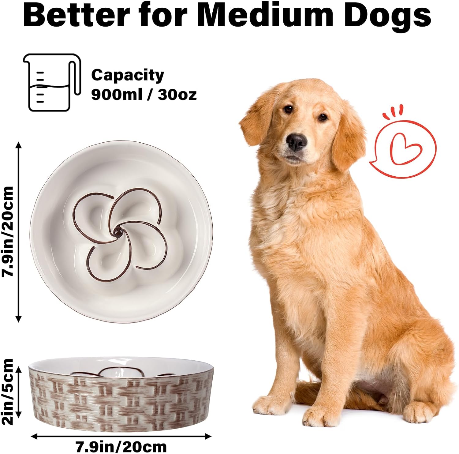 Ceramic Slow Feeder Dog Bowl - Anti-Choking Non Slip Bowl for Medium Large Dogs