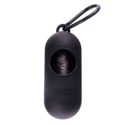 Dog Poop Bag Dispenser With Hook in black, designed for convenient outdoor pet waste management.