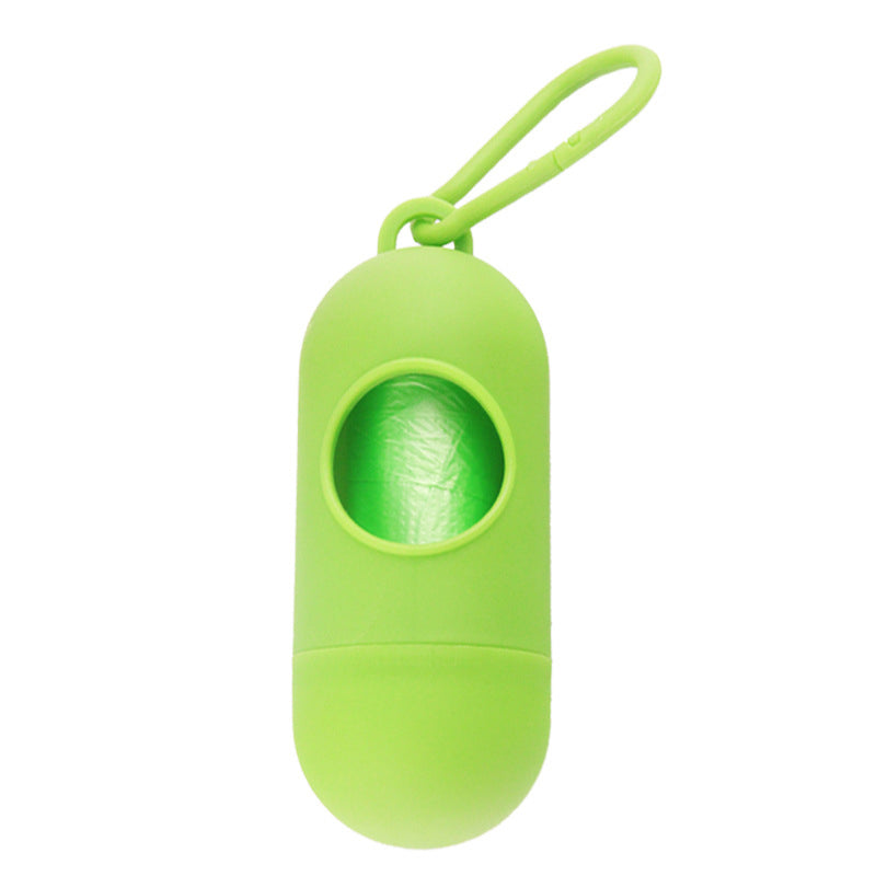 Dog Poop Bag Dispenser With Hook shown in vibrant green color, designed for easy attachment to leashes and bags.