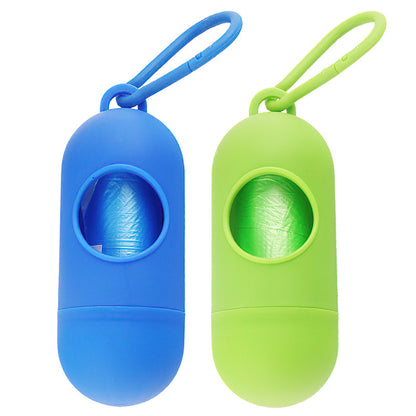 Dog Poop Bag Dispenser With Hook in blue and green colors, featuring a secure design for pet waste disposal.