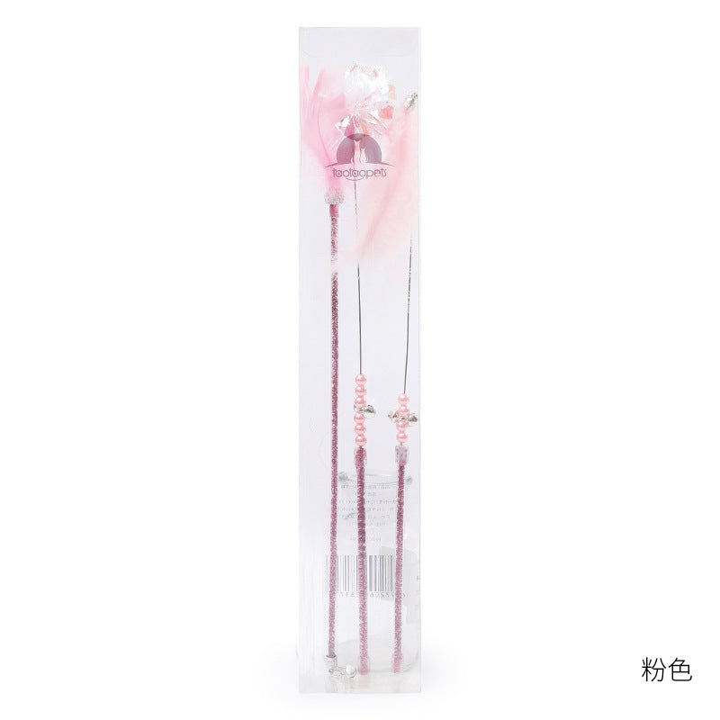 Cat Wand Toy Set Feather Bell in pink three-piece set on a light background.
