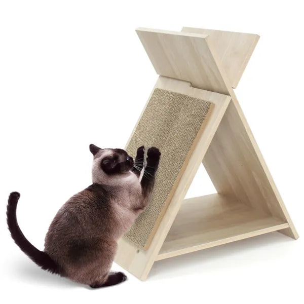 Multi-Functional Cat Scratcher with cats playing and resting on a stylish wooden design.